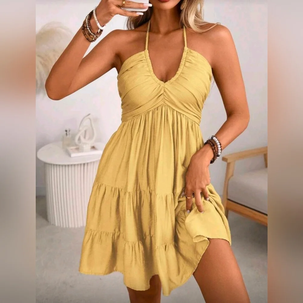 New Tie Halter Smocked Tiered Short Dress Yellow